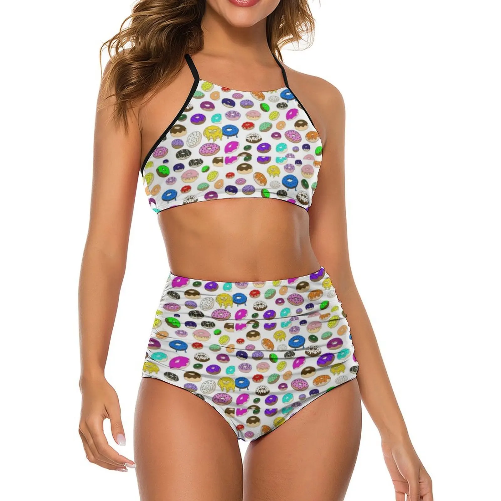 

Красочный комплект бикини с пончиками, регулируемый купальник бикини с принтом сладкой еды, сексуальный купальник с высокой талией, красочная пляжная одежда для ванны