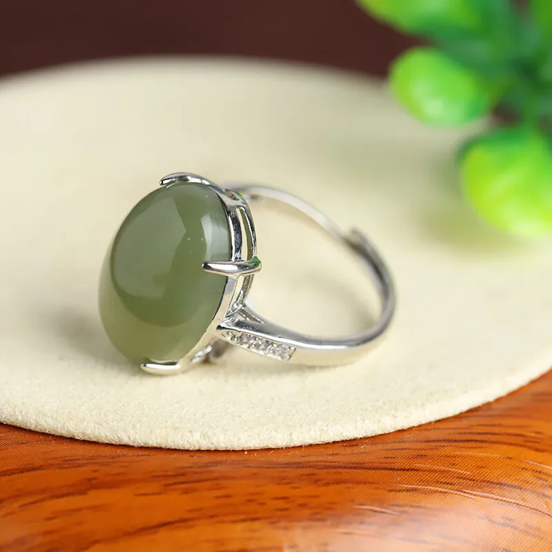 Hetian Jade Oval Four-Prong Inlaid Jasper Women'S Open Ring New Model