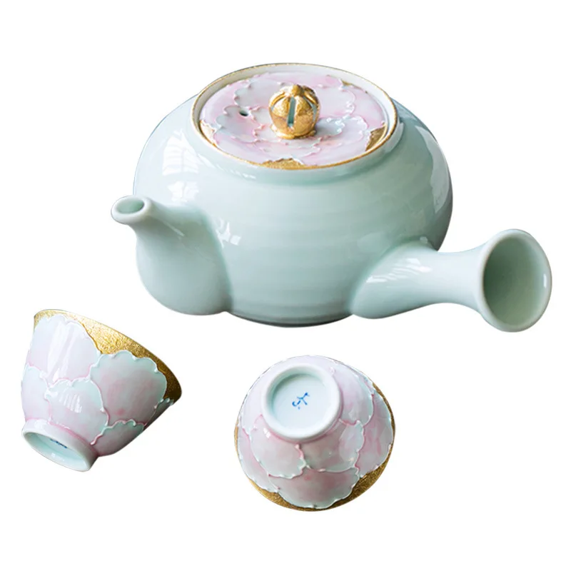 Juego de tazas de té de barba urgente plana de peonía en polvo de horno Wenshan, juego de té de cerámica en caja de color de regalo