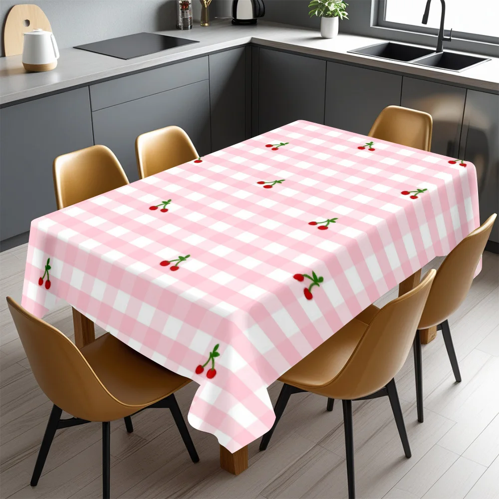 Cherry Gingham Tablecloth, Pink White Base Plaid Cherry Art Print, Anti-stain Table Cover for Dining Table & Family Party Decor