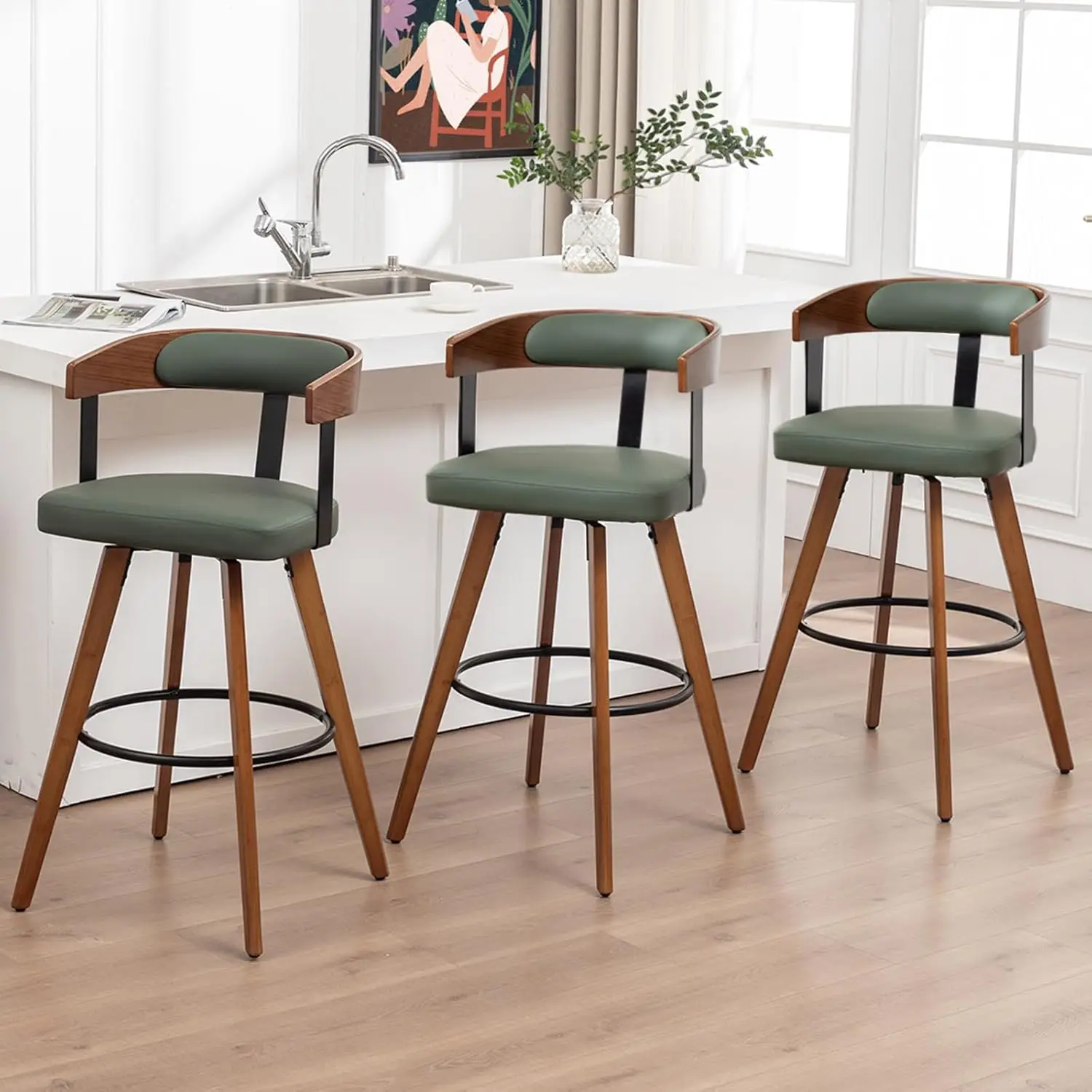 

Modern Swivel Counter Stool 26in Upholstered Cushion Arm Faux Leather Kitchen/Restaurant 3pcs, Customized