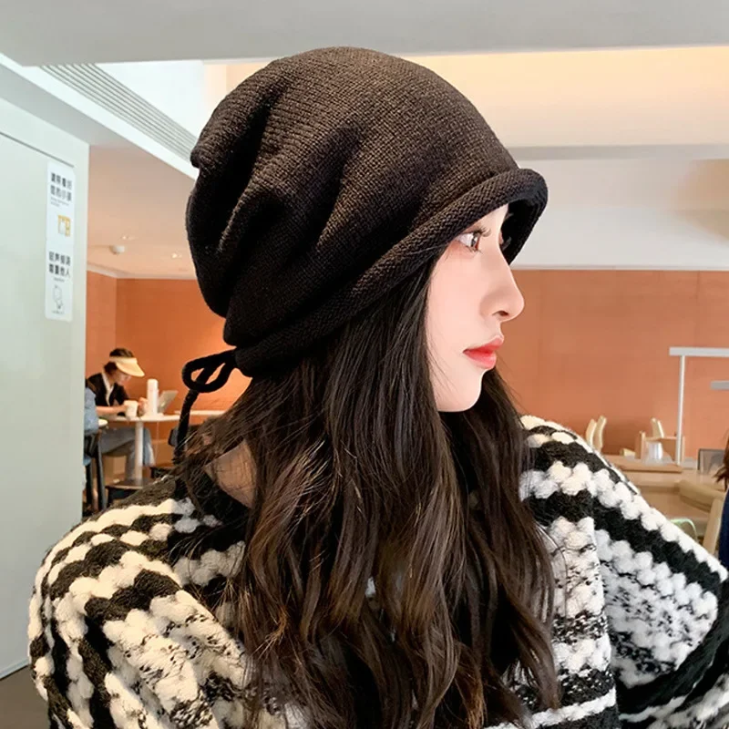 Weiche Baggy Beanie Hut Frauen Korea gestrickte Schädel kappen im Freien verstellbare Kordel zug Kpop Slouchy Streetwear Kopf bedeckung Motorhaube