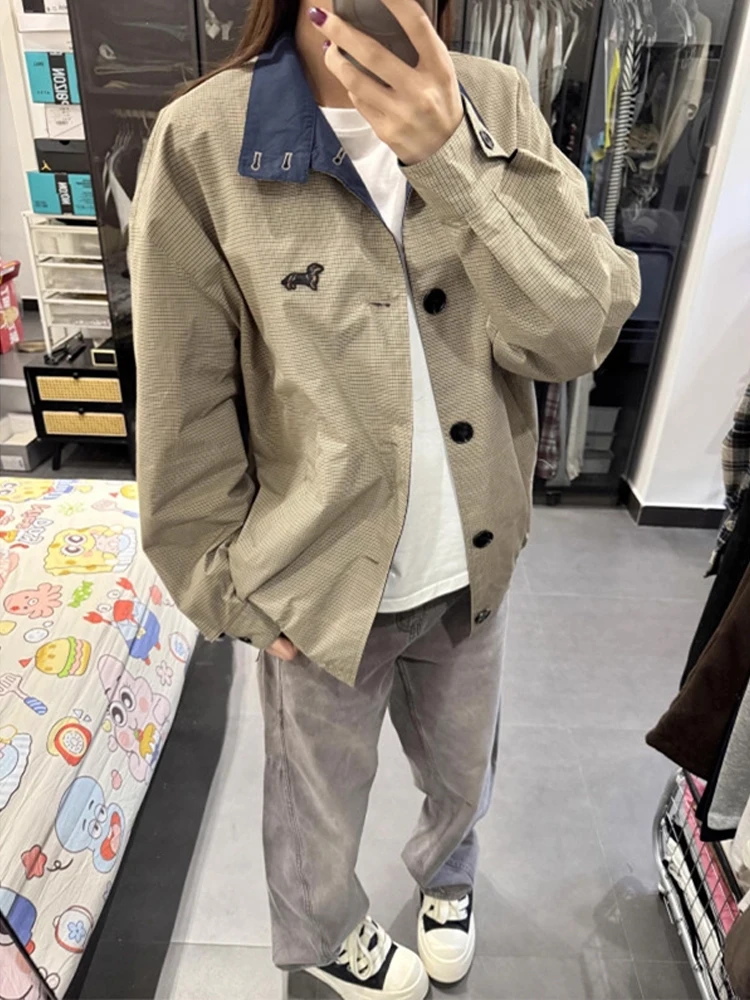 

Американский клетчатый воротник-стойка Jaet, мужская осенняя модная винтажная вышивка собаки, цветная свободная верхняя одежда Blo ort