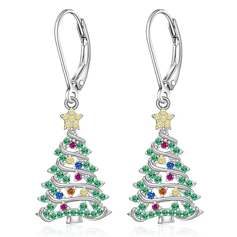 Huitan Exquisite Christmas Tree Pendant Earrings Female Party Accessories with Bright Zirconia Silver Color Jewelry for New Year