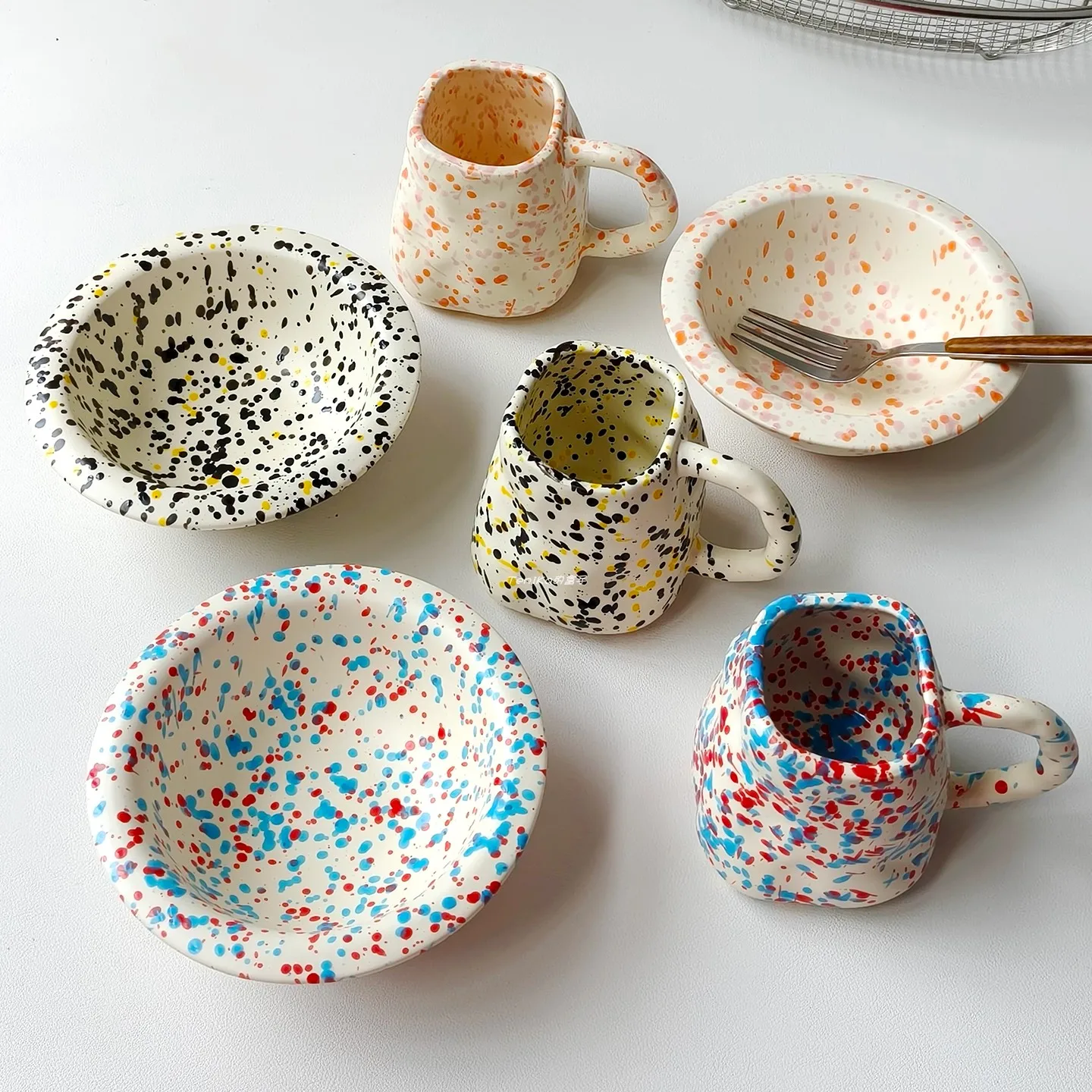 Handmade Ink Splattered Ceramic Coffee Cup, Irregular Colored Dot Mug, Yogurt Oat Dessert Bowl, Table Decoration Gift