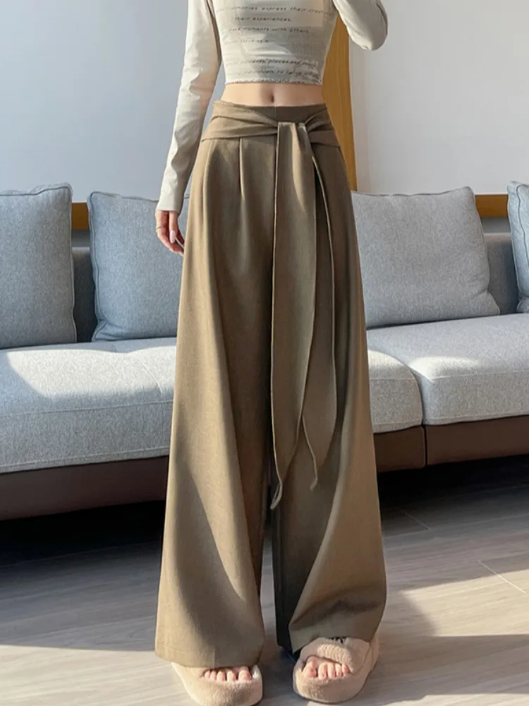 Spodnie damskie z szerokimi nogawkami Ce Au Lait, jesienno-zimowe, z wysokim stanem, z paskiem, luźne, codzienne spodnie do chodzenia, proste, w stylu koreańskim.