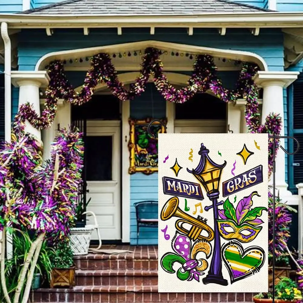 Mardi Gras Garden Flag 12x18 Inch Double Sided Outdoor Decoration, Street Lamp Fleur De Lis Mask New Orleans Carnival Party  AAS