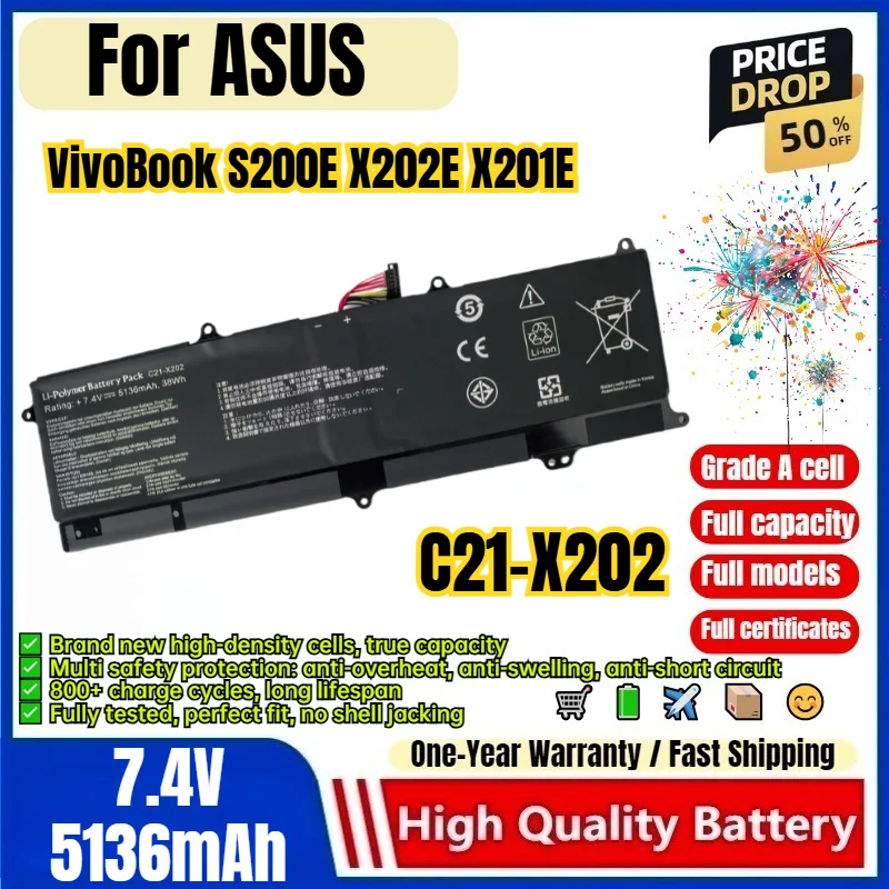 C21-X202 for ASUS VivoBook S200E X202E X201E Laptop Battery 0 Cycle High Quality High Capacity Replacement Bateria Grade A Cell
