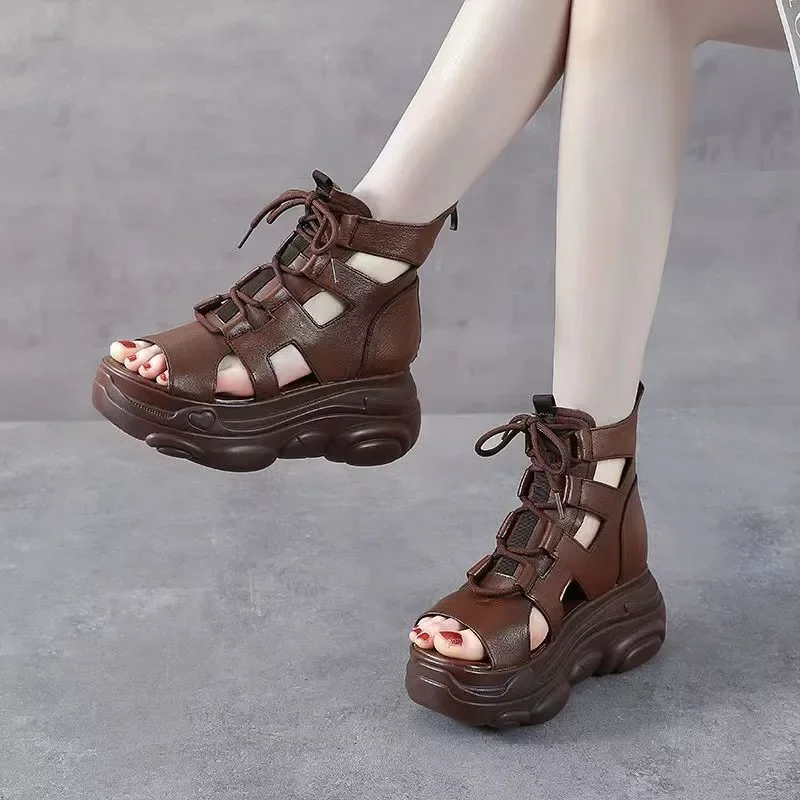 2024 New Fashion Platform Sandals Women Cross Genuine Leather Wedges Platform Heel Gladiator Sandals Women Summer Roman Shoes