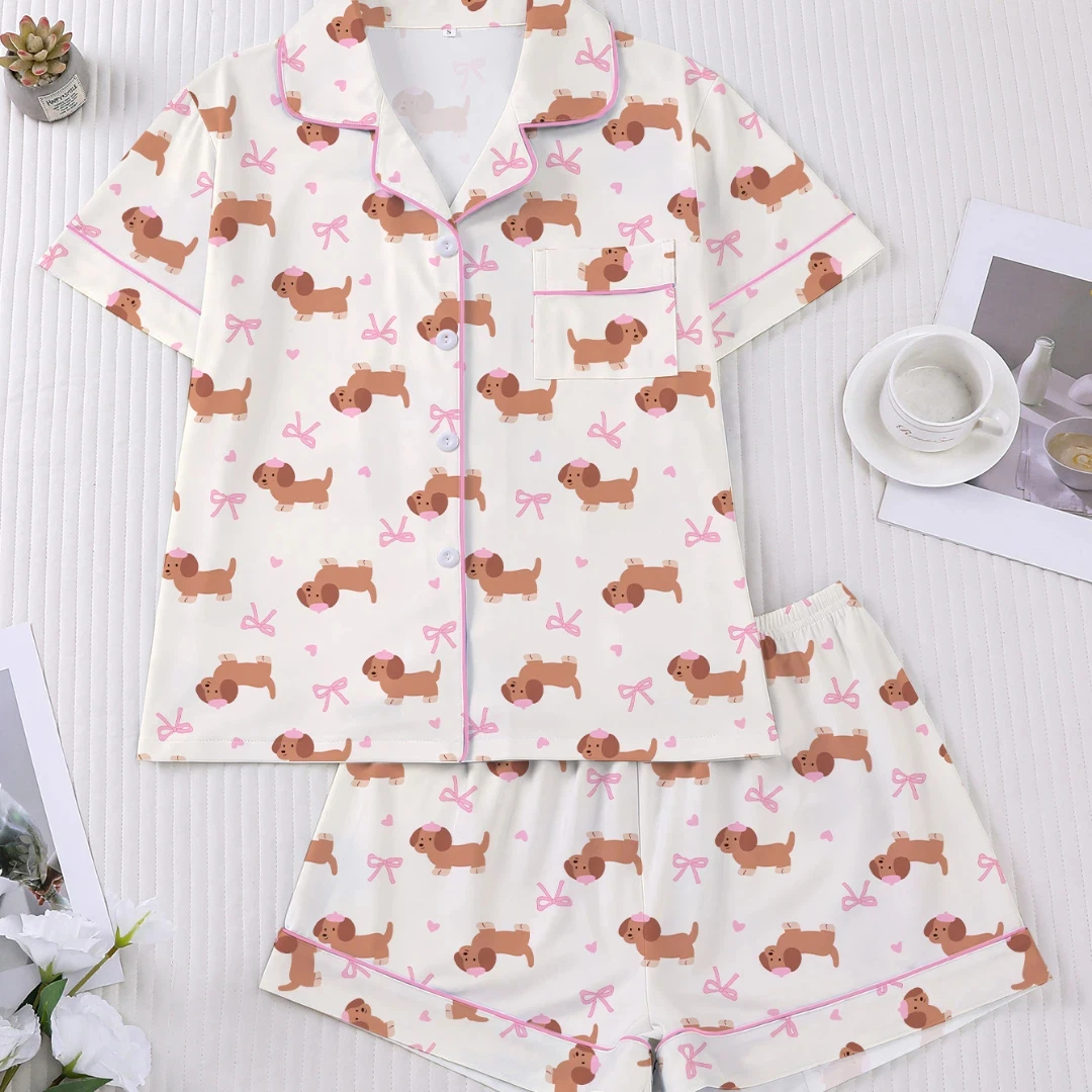 

Animal Themed Pajama Dog Print Lapel Short Sleeve Short Trousers Loungewear Home Wear Set Clothes Easter Gifts for Women