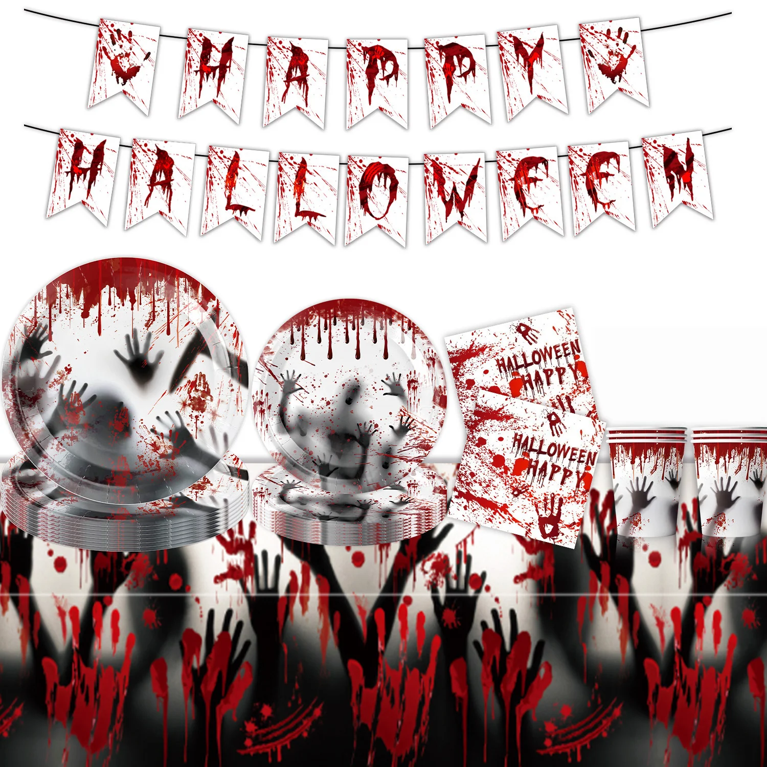 Scary Blood Halloween Tableware Set, Blood Hand Print Paper Plates Cups Napkins Banner, Horror Theme Halloween Party Decorations