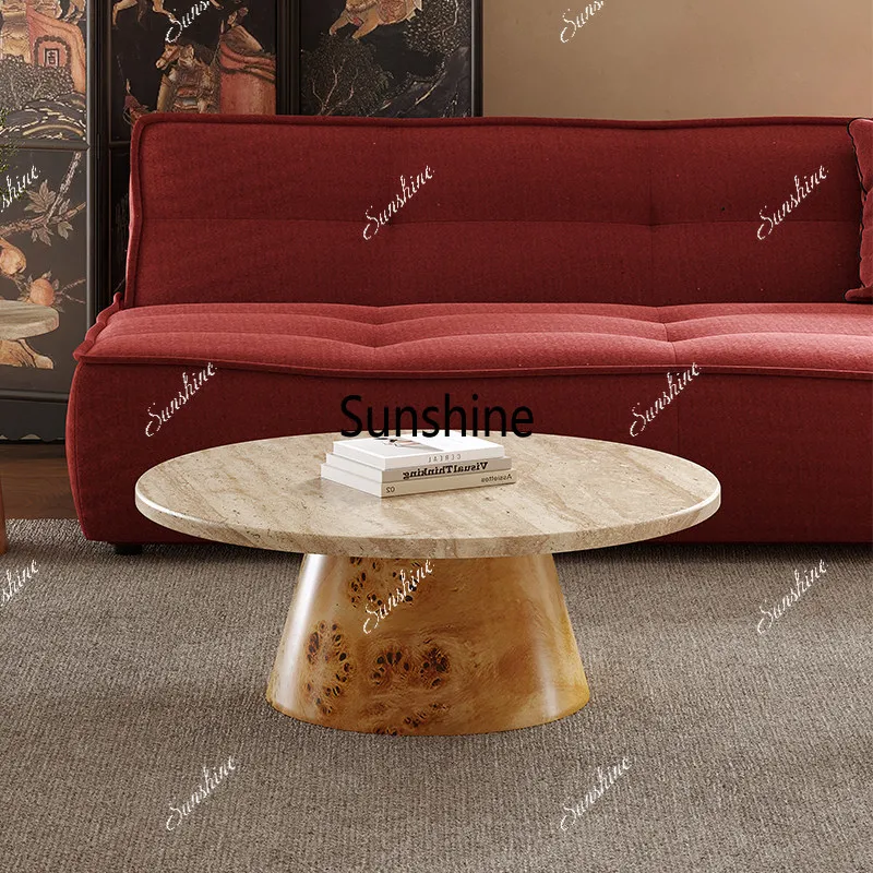 Retro style solid wood travertine round coffee table small apartment living room home