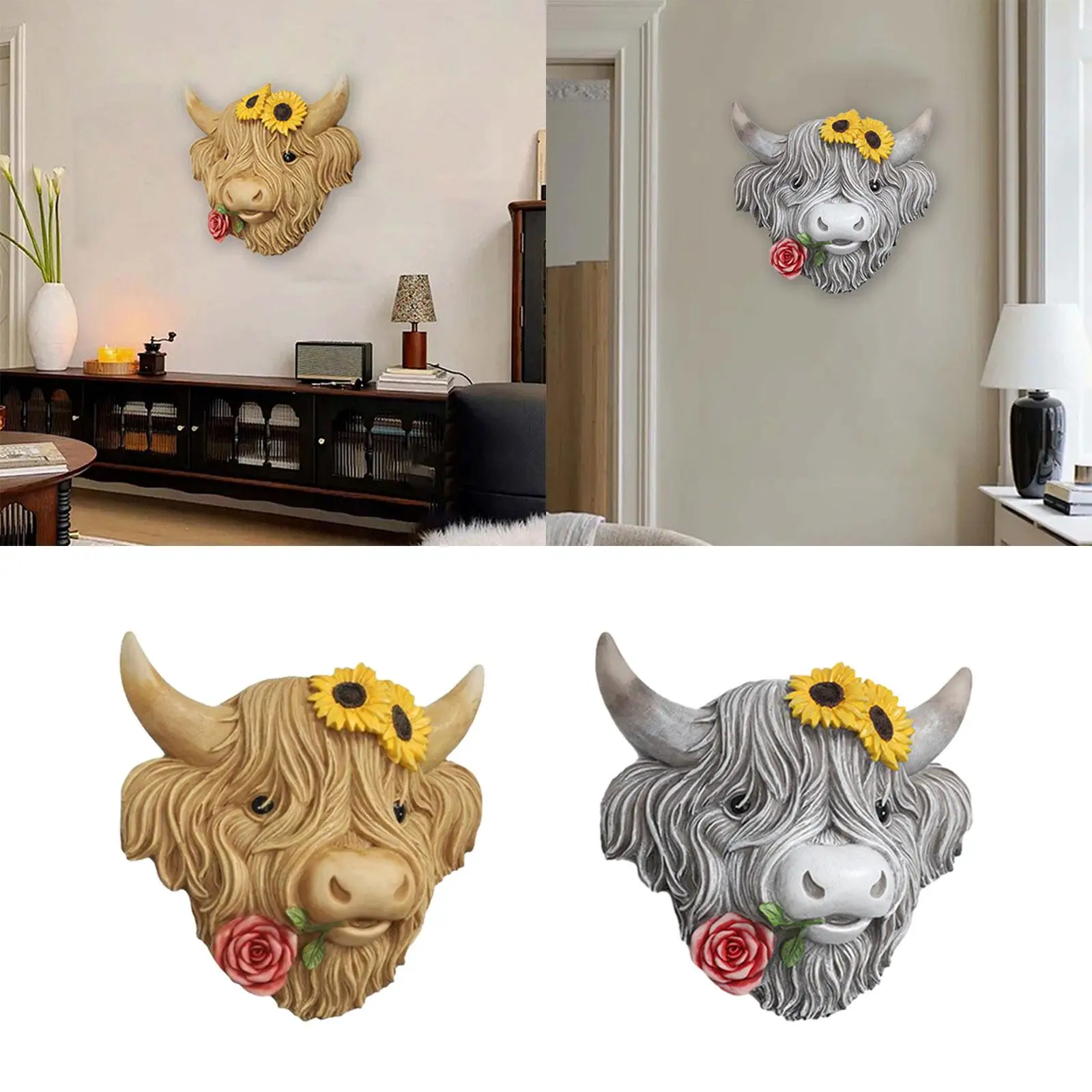 Highland Cow Head Wall Decor Wall Sculpture Lifelike Hanging Decoration Ornament for Outdoor Home Living Room Farmhouse Kitchen