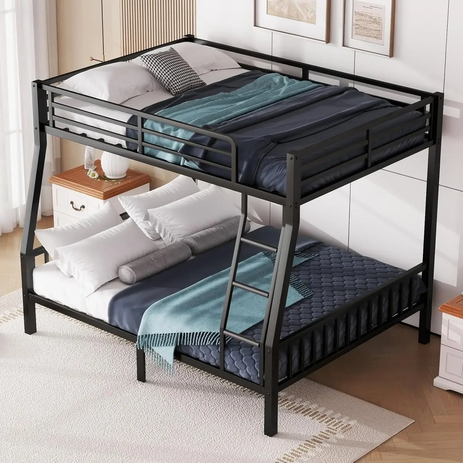 Full Xl Over Queen Bunk Beds For Adults, Heavy-Duty Metal Bunk Bed Frame With Pvc Rubber Cover Ladders And Safety Full-Length