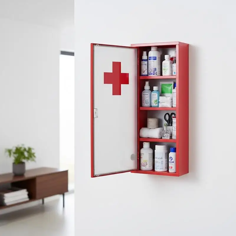 Medizinschrank abschließbar, Arzneischrank mit 4 Fächern, Glastür, Stahl, 60 x 30 x 12 cm, Rot