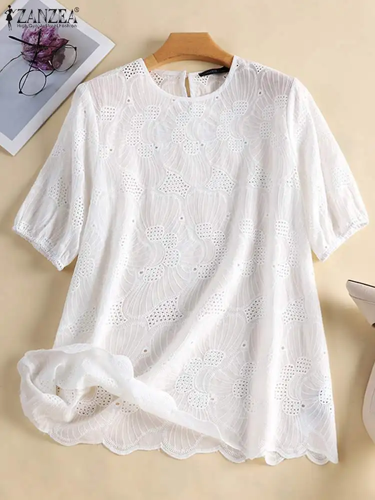 ZANZEA Holiday Elegant Shirt 2023 Summer Floral Embroidery Tops Women Half Sleeve Blouse Solid Loose Elegant Work Blusas Female