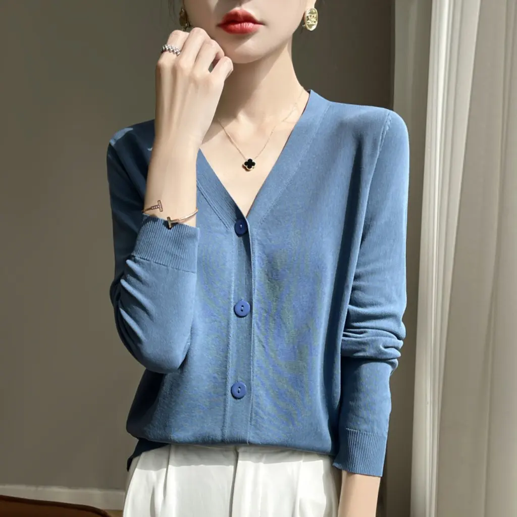 

Женский вязаный кардиган из ледяного шелка с v-образным вырезом, свободный солнцезащитный топ, тонкое верхнее платье для лета, новая коллекция