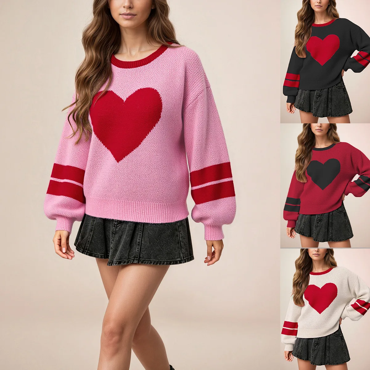 Knitted Pullovers Sweaters Women Color Blocked Jumpers Heart Round Neck Lantern Sleeves Sligh Strech Casual 2026 Autumn Winter