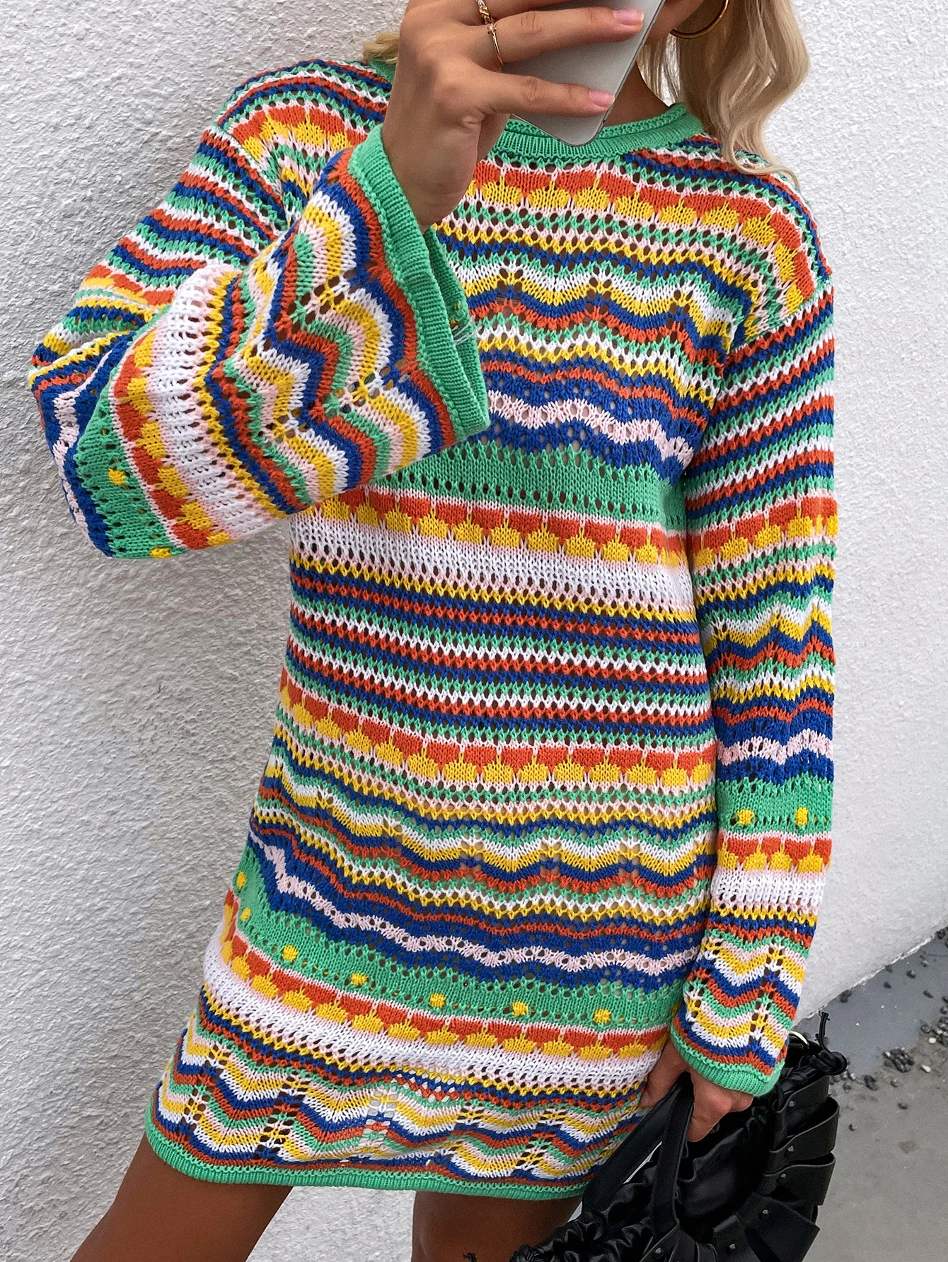

Sola Moon Women's Dresses 2024 Spring and Autumn Winter Round Neck Rainbow Stripe Pullover Medium Long Sweater Dress for Women