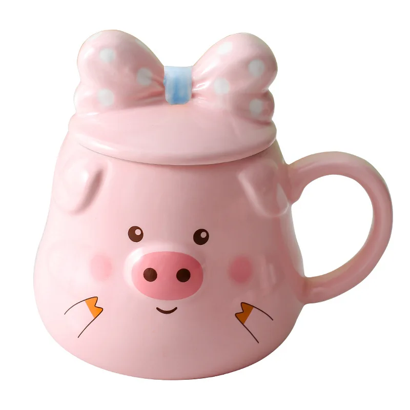 Creative Ceramic Pig Cups Cartoon Coffee Cup Covered Spoon 3D Drinkware Breakfast Milk Mug Afternoon Tea Lover Mugs Couple Gift