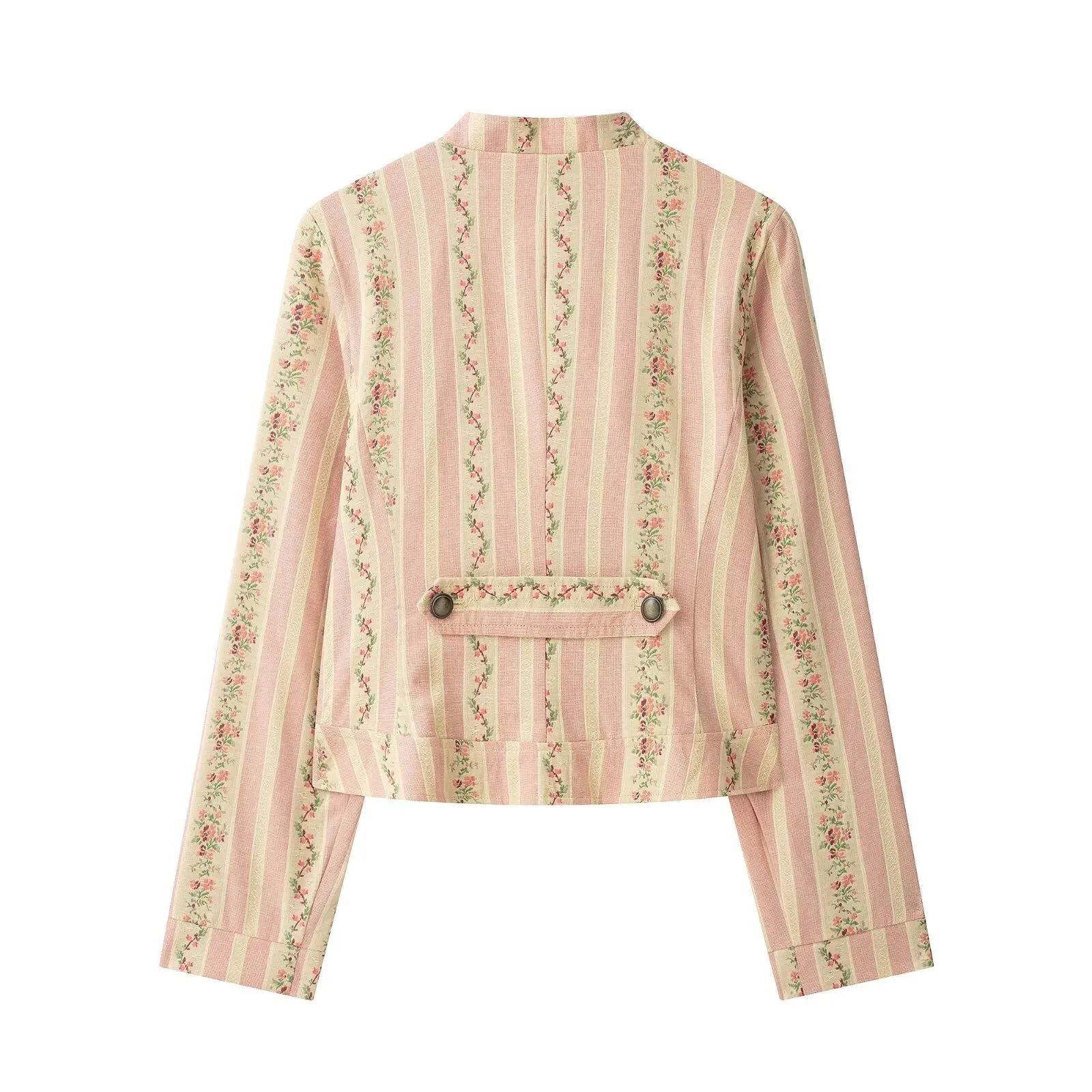 BSAY Damen-Jacke mit Jacquard-Streifen und Blumenmuster, Stehkragen, asymmetrischer Knopfleiste, Ärmeltasche, kurz geschnittene Freizeitjacke – Detail 3