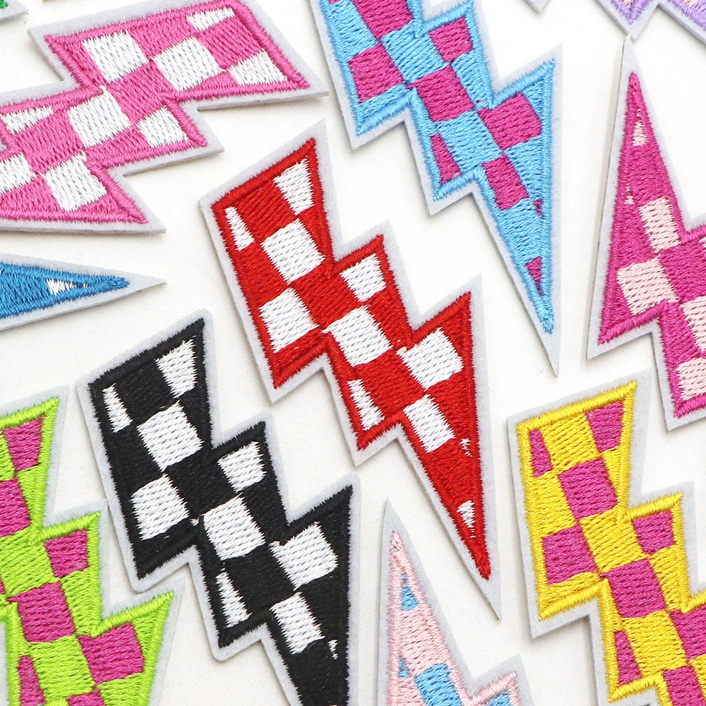 3PC Checkered Lightning Bolt Iron On Patches for Hats Multicolour Racing Day Embroidery Patches for Clothes Trucker Jacket