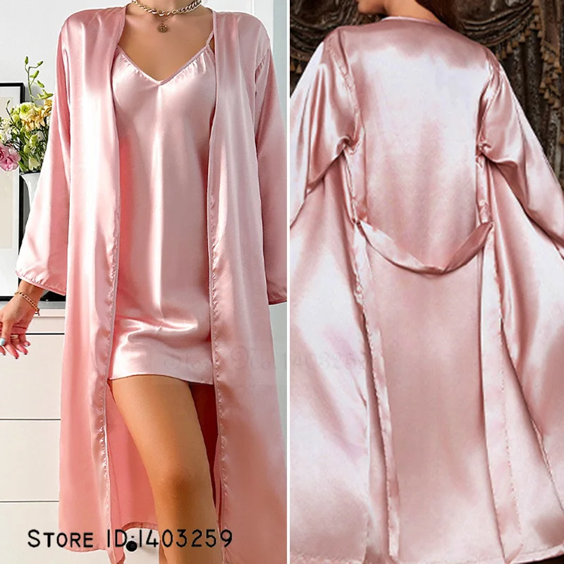 Two Piece Set Long Robe Nightgown Female Sleepwear Sexy Pink Satin Kimono Bathrobe Gown Lingerie Spring Summer Loose Home Dress