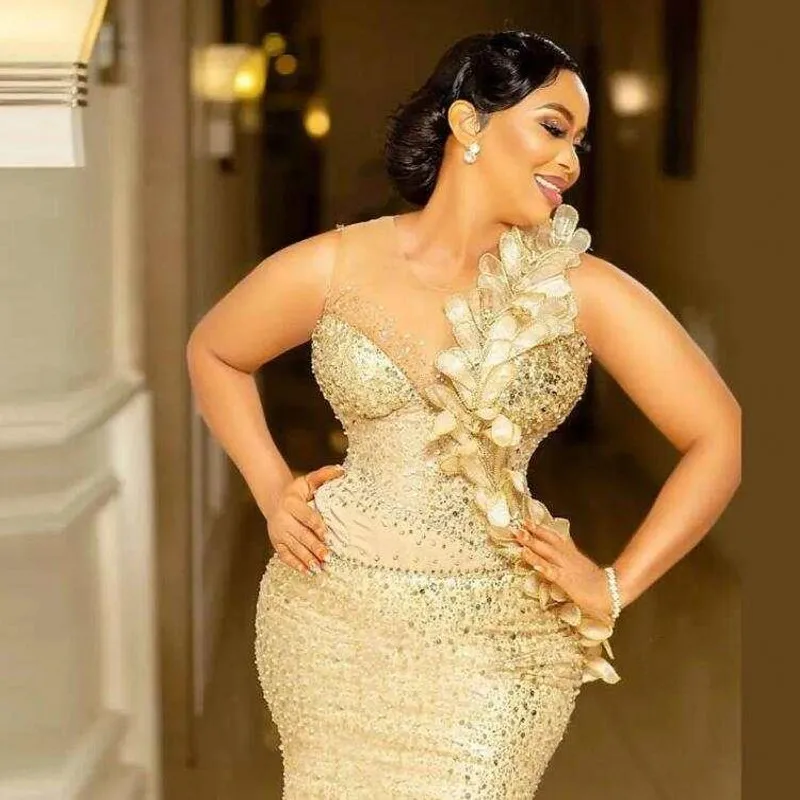 Luxury Evening Dresses Sequined Mermaid robe de soiree Gold Long Party Gowns Sequined Floral Prom Dress vestidos de noite