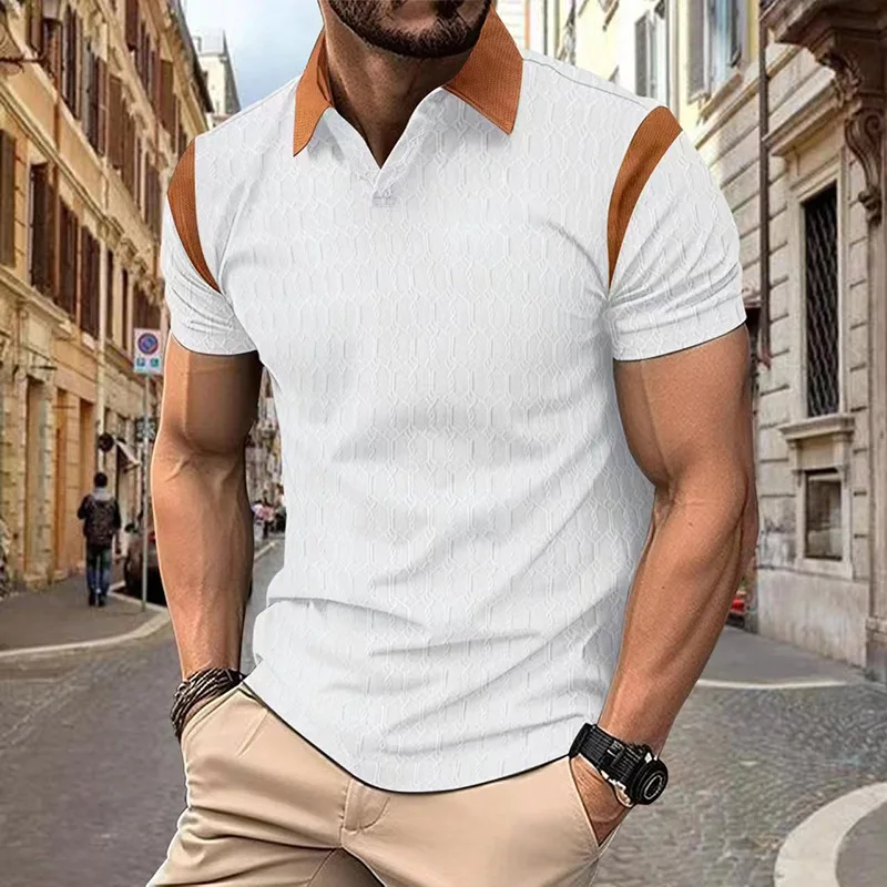 

2025 Summer New Style Men pure color Slim Fit Waffle jacquar V-neck Polo Shirt Men Casual breathability Short-Sleeved T-Shirt