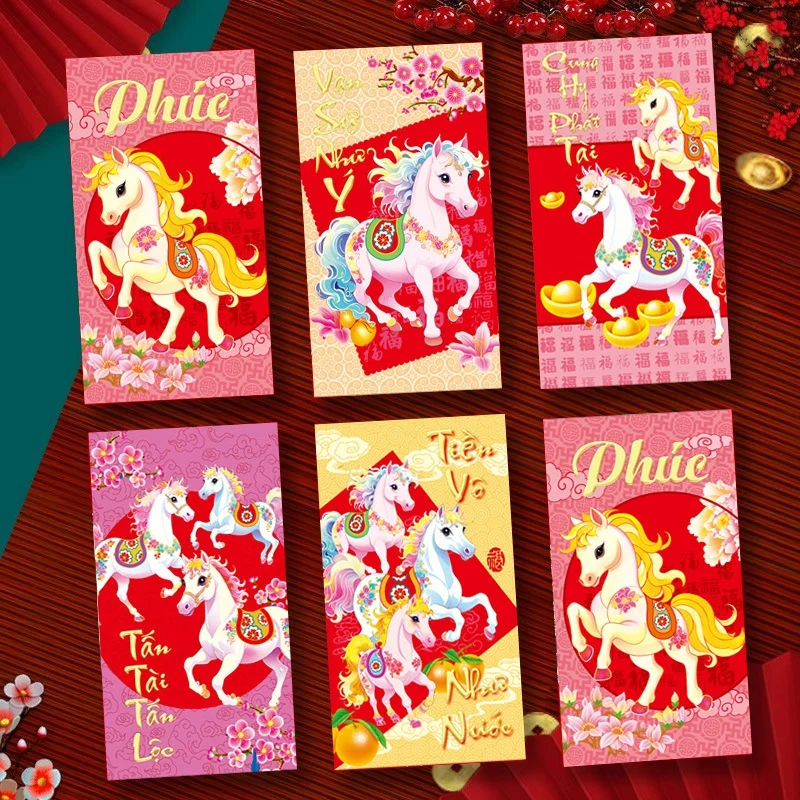 6 قطعة السنة الجديدة الفيتنامية المغلف الأحمر مهرجان الربيع الصيني محظوظ الأحمر المغلفات 2026 فيتنام هونغباو المال جيب الإمدادات #5