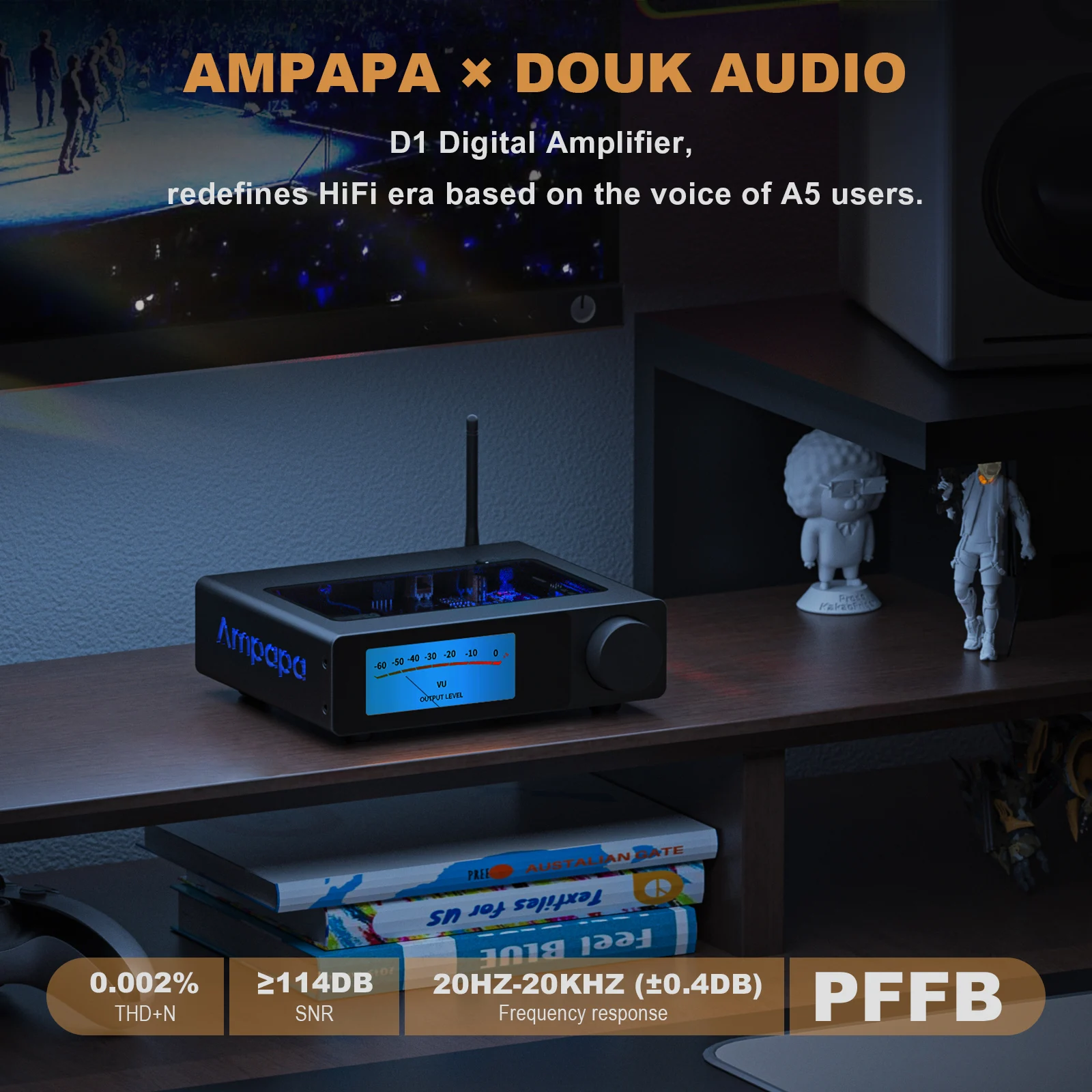 Ampapa D1 HiFi Stereo Blueooth 5.2 Amplifier 2.0 Channel Home Audio Amp with Digital VU Meters HPF 300Wx2