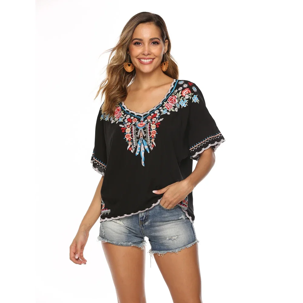 Eaeovni  Bohemian Floral Embroidered Tops For Women Mexican Style Shirts Womens V Neck Boho Summer Peasant Tunics Blouses