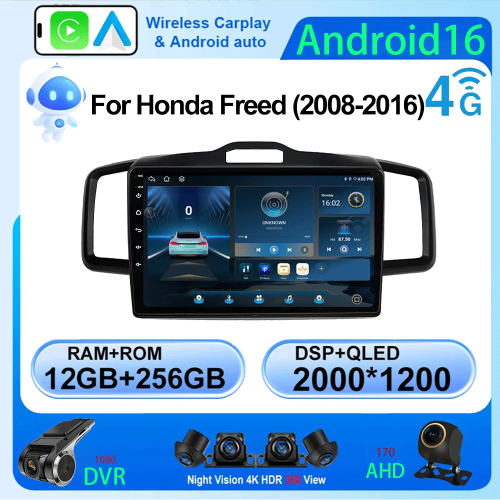 Android 16 Car Radio Android Auto for Honda Freed Spike 2008-2016 Car Radio Multimedia GPS Carplay Stereo 2din dvd 8Core 4G+wifi