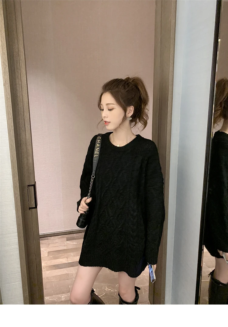 Korean Style Autumn Winter Women's Outfit Solid Color Long Loose O-Neck Twist Sweaters Sweet Female Loose Sweaters Knitted Coats