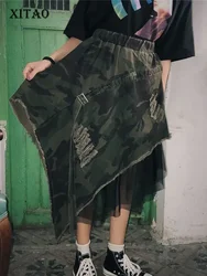 Xitao Camouflage Mesh Splice Lange Rok Straat Asymmetrische Hoge Taille Zomer Kleding Voor Vrouwen Mode Losse Casual XJ1689