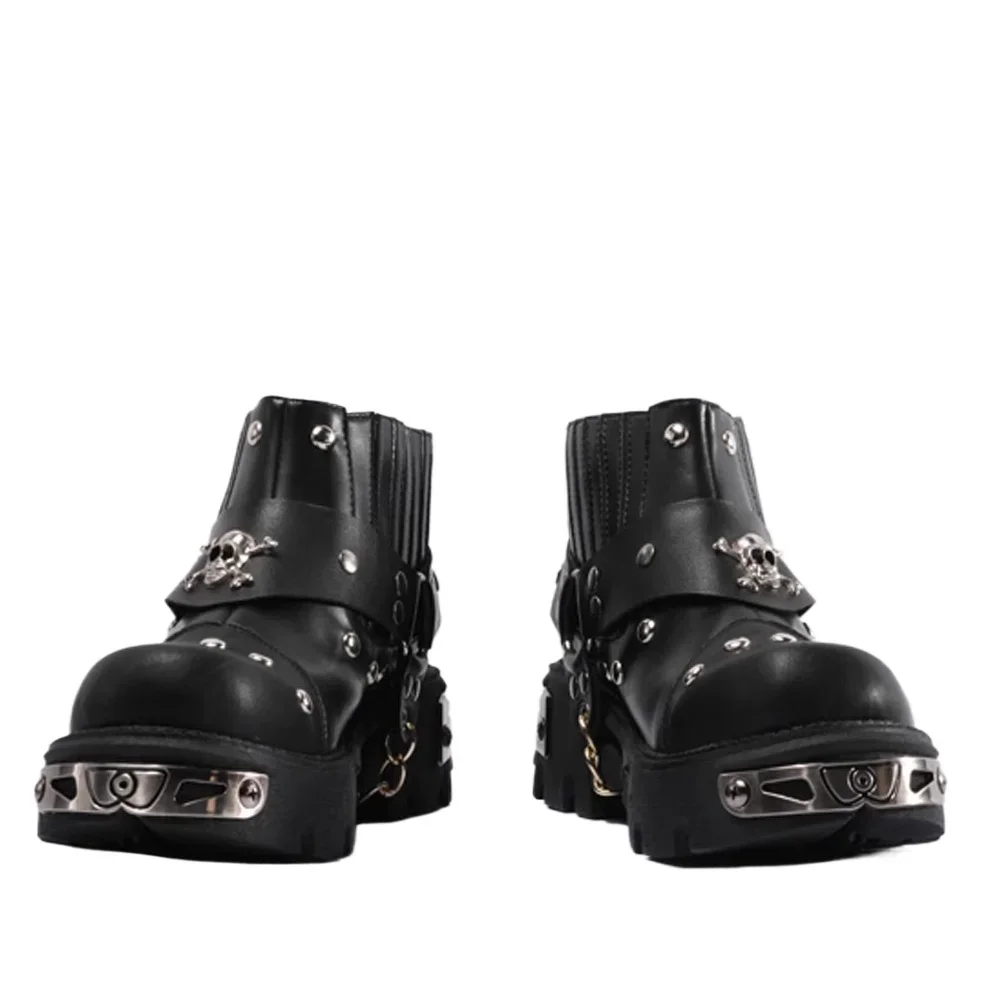 New Men's Fashion Genuine Leather Motorcycle Boots,Goth Skull Punk Cowboy Boots,Women Mid-calf Metallic Western Chelsea Boots