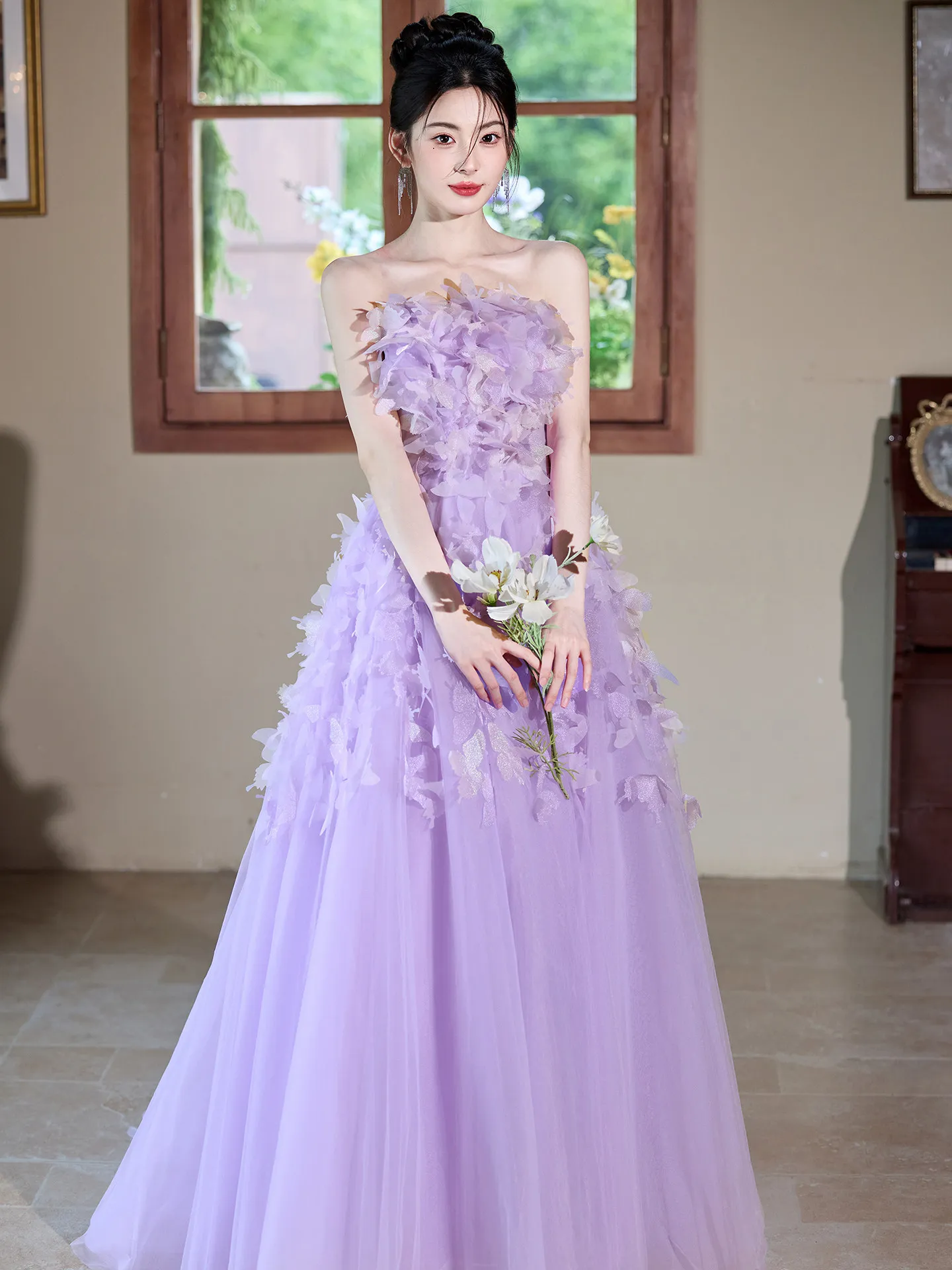 

L&P DQL Studio Evening Gown Light Purple Pleats Tulle with Applique Long Prom Dresses Party Gowns