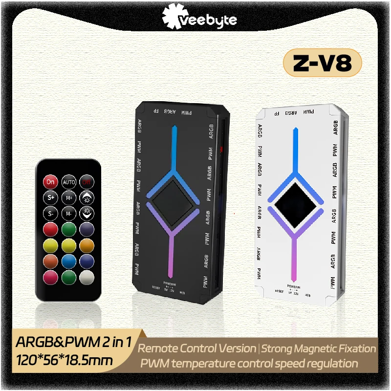 Veebyte Z-V8 ARGB 5v-3PIN 4PIN PWM HUB Computer Case Fan Light Synchronous Bottom Magnetic Design with Remote Control