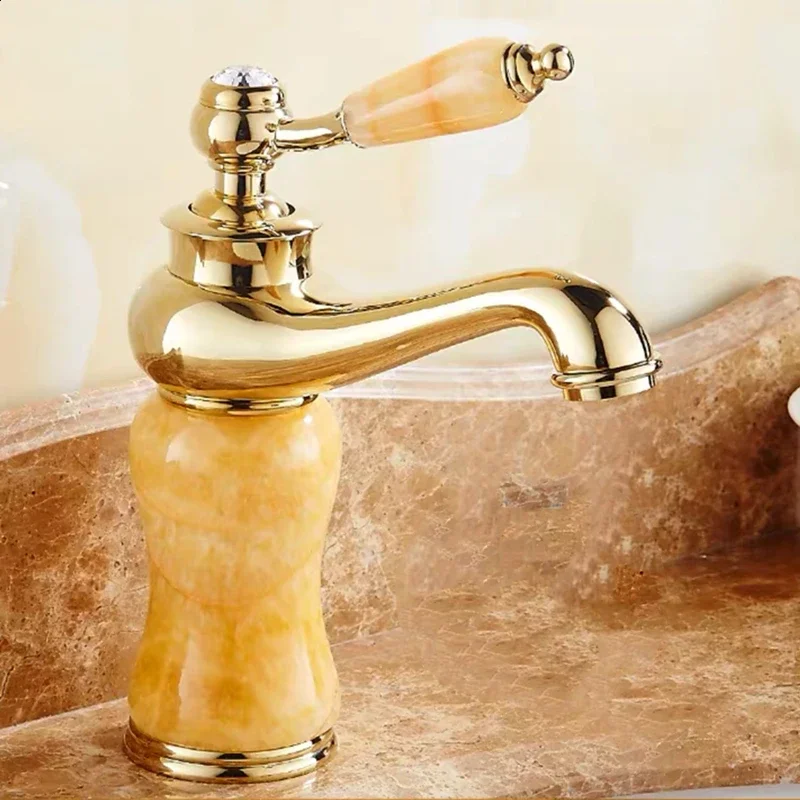Luxury Golden Single Handle Bathroom Sink Faucet with Jade Marble Accent,Brass Basin Mixer Tap, Elegant Vanity Bathroom Faucet