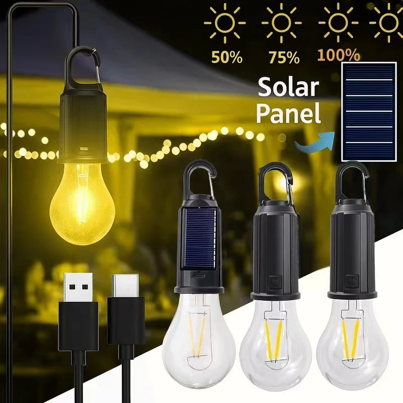 1-5Pcs LED Tungsten Bulb USB&Solar Charge Outdoor Retro Light Waterproof Emergency Lamp Hanging Lamp for Camping Tent