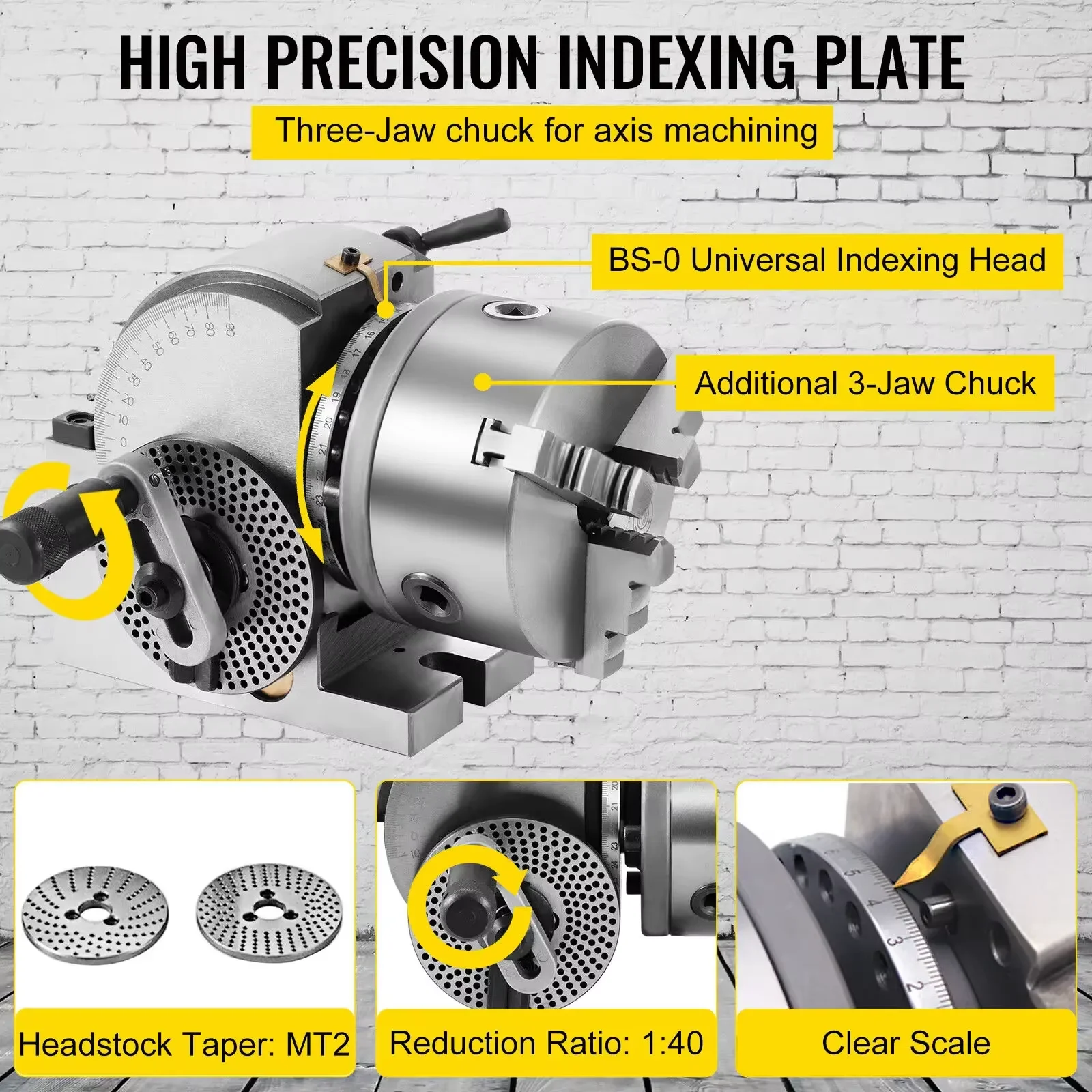 رأس تقسيم VEVOR، PrecisionUniversalBS-4in/5in/6in3-JawIndexing، HeadTailstock & ChuckforDrillingMillingGrinding