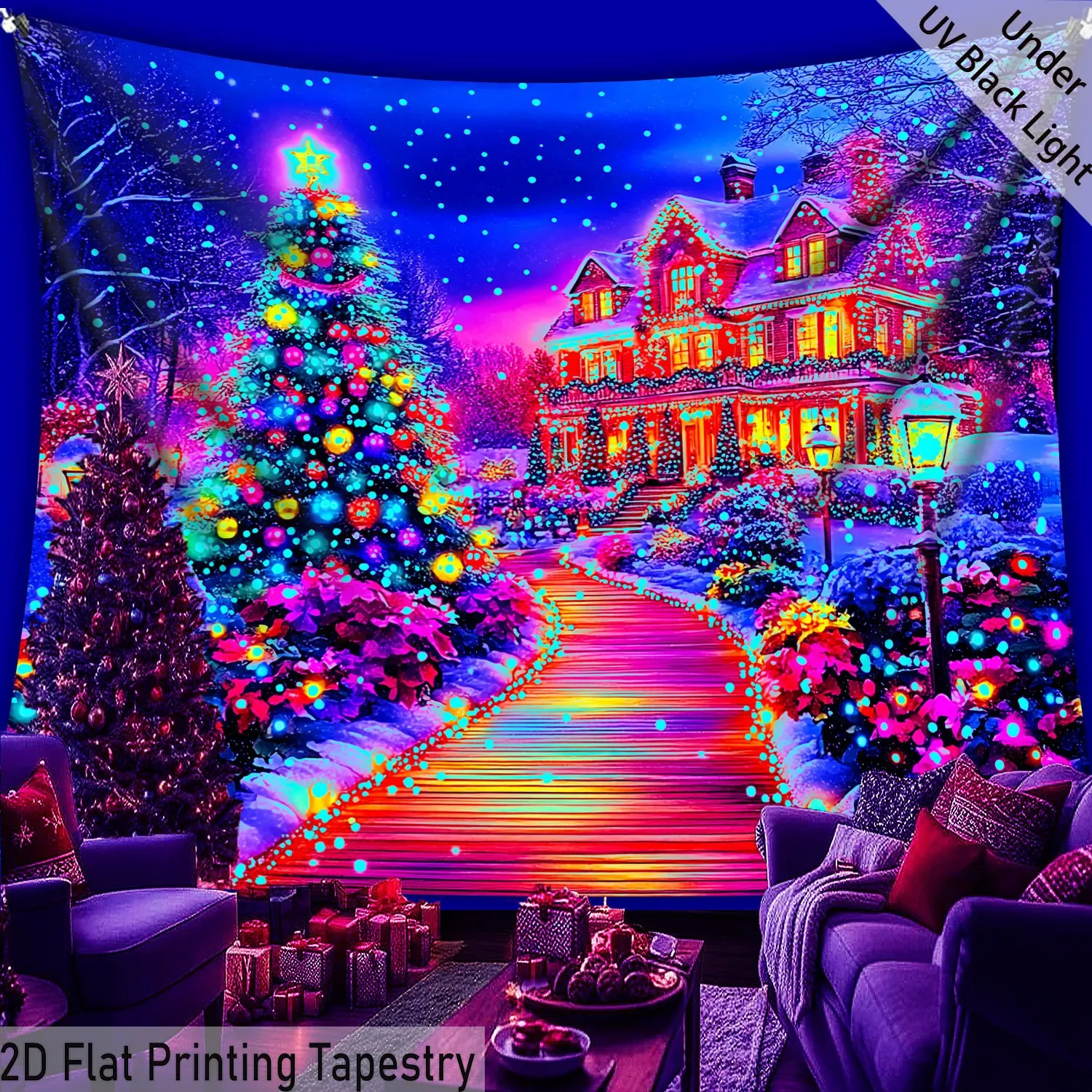 VIKAMA Christmas Tapestry Glamorous Christmas Tree Living Room Feature Wall Hanging Room Decor Home Decor