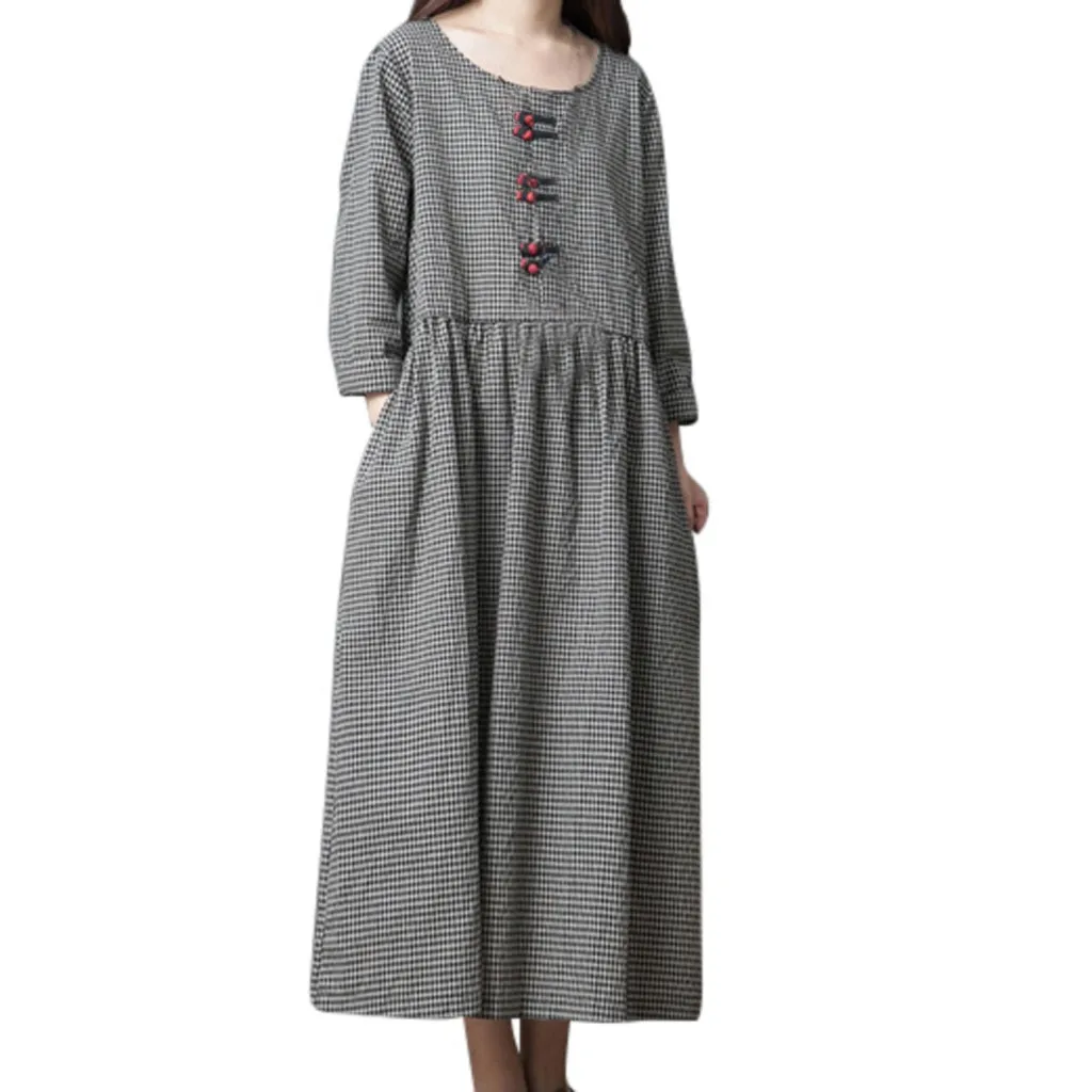 Women Plus Size Maxi Dress Japanese Style Linen Long Sleeve Checked Dresses Elegant V Neck Ruffles Dresses Vestidos Para Mujer