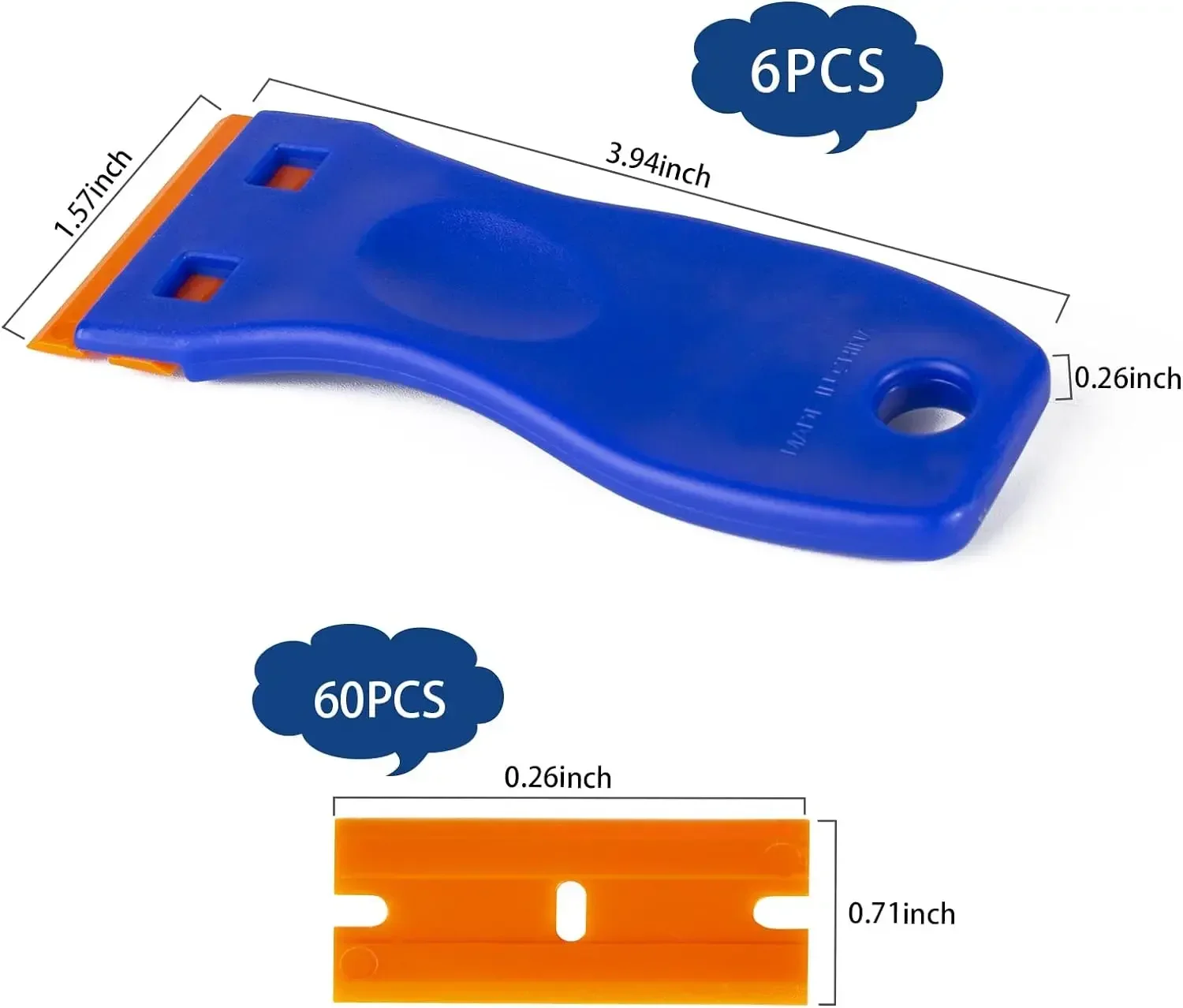 Plastic Razor Blade Scraper Tool, 6Pcs Scraper 60Pcs Plastic Blades, Cleaning Scraper Remover for Car Window Labels