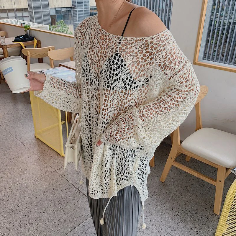 

Summer Thin Hollow Out Long Sleeve Women Knitted Pullovers Hem Split Fork Elegant Fashion Harajuku 2xl Oversized Clothing White