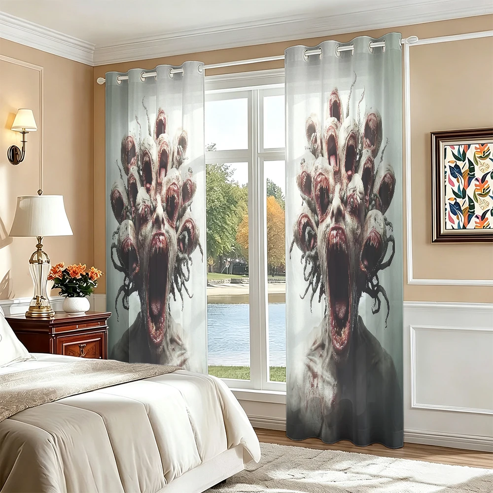 2Pcs Perforated Blackout Curtain Light Block Privacy Drape Living Bedroom Halloween Double Head Monster Horror Window Decor