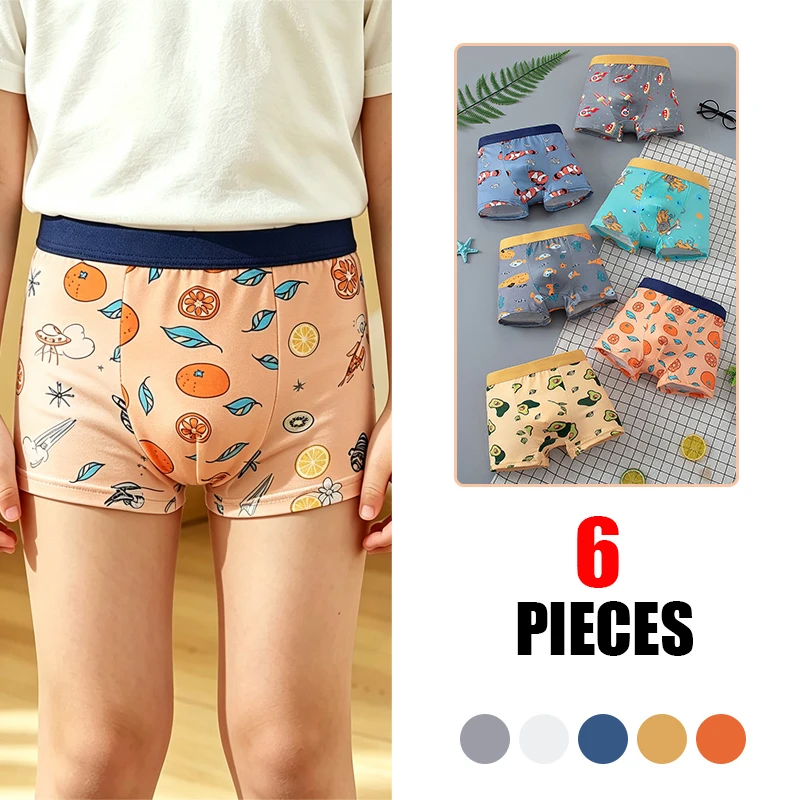 6-piece Set Of Children's Dinosaur Fruit Printed Multi-color Combination Underwear, Comfortable Four Cornered Shorts For Boys