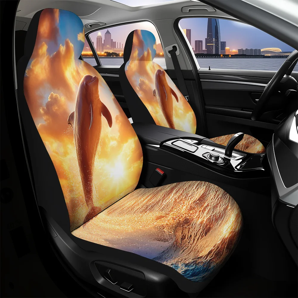 Set Of 2, Featuring A Silhouette Print Of Dolphins Jumping Against A Sunset Backdrop, These Front Covers Help Maintain Cleanline
