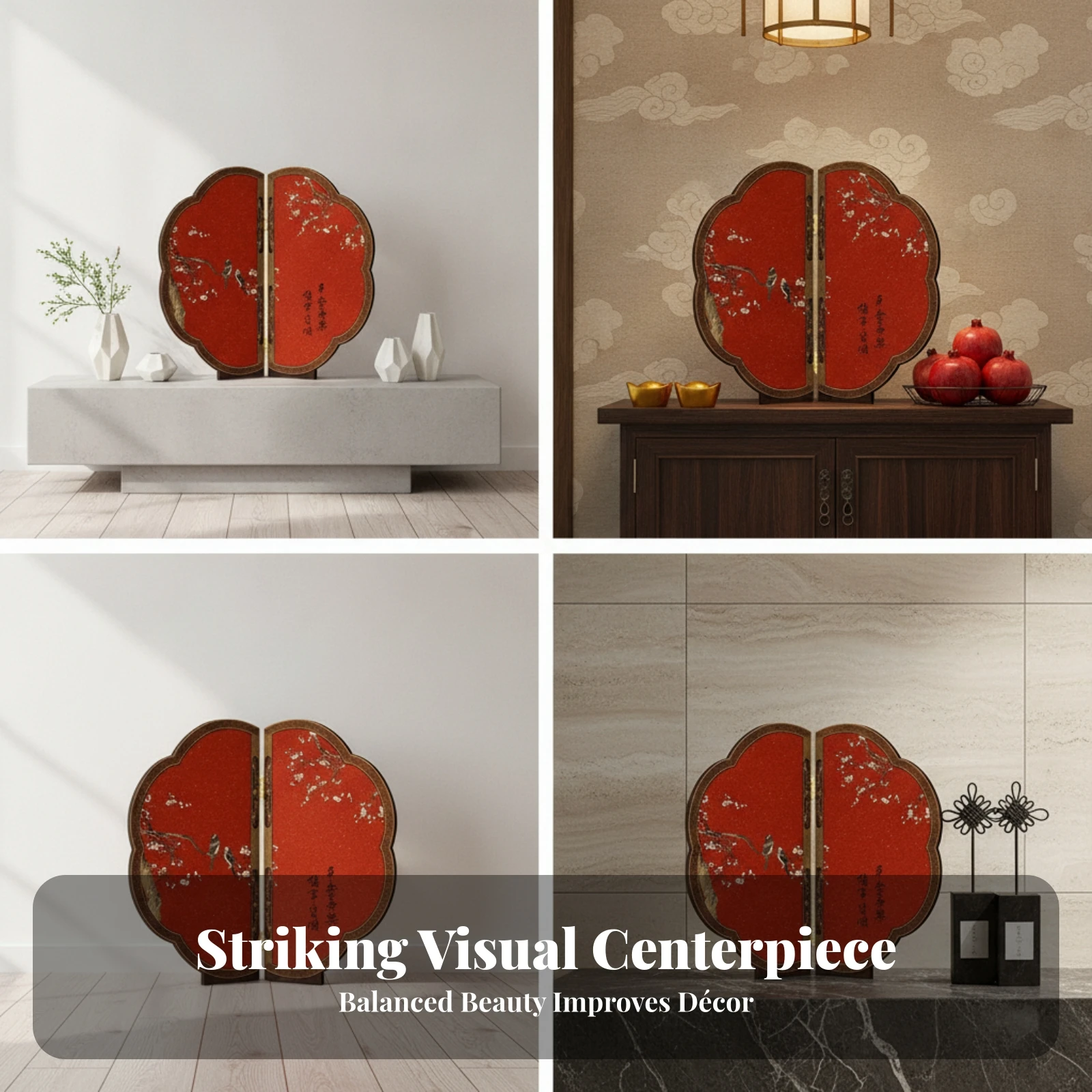 Cloud-likeShaped Folding Screen Bird and Blossom Tabletop Folding Screen House Decoration Glitter-Textured Chinese Calligraphy