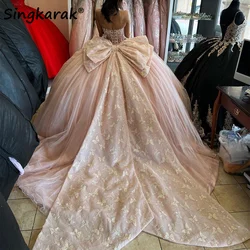 Pink Quinceanera Dresses Ball Gown Sweet 16 Dress Bow Butterfly Appliques Crystal Graduation Party Gowns 15 anos Customized